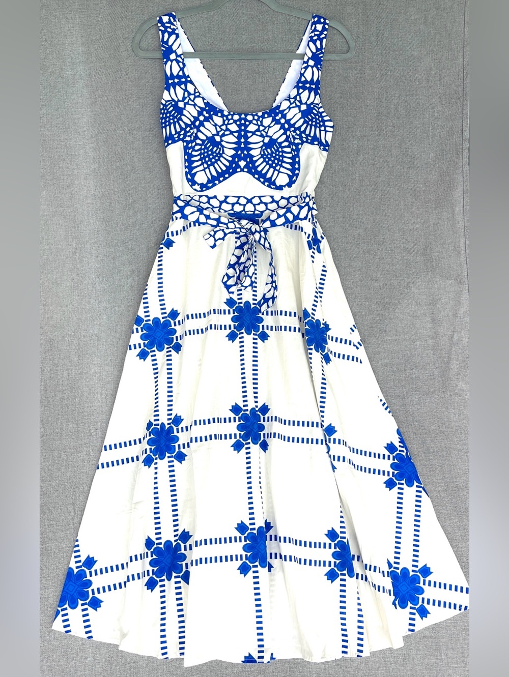 Magari Italy Cotton floral geo A silhouette skirt smocked back summer midi dress
